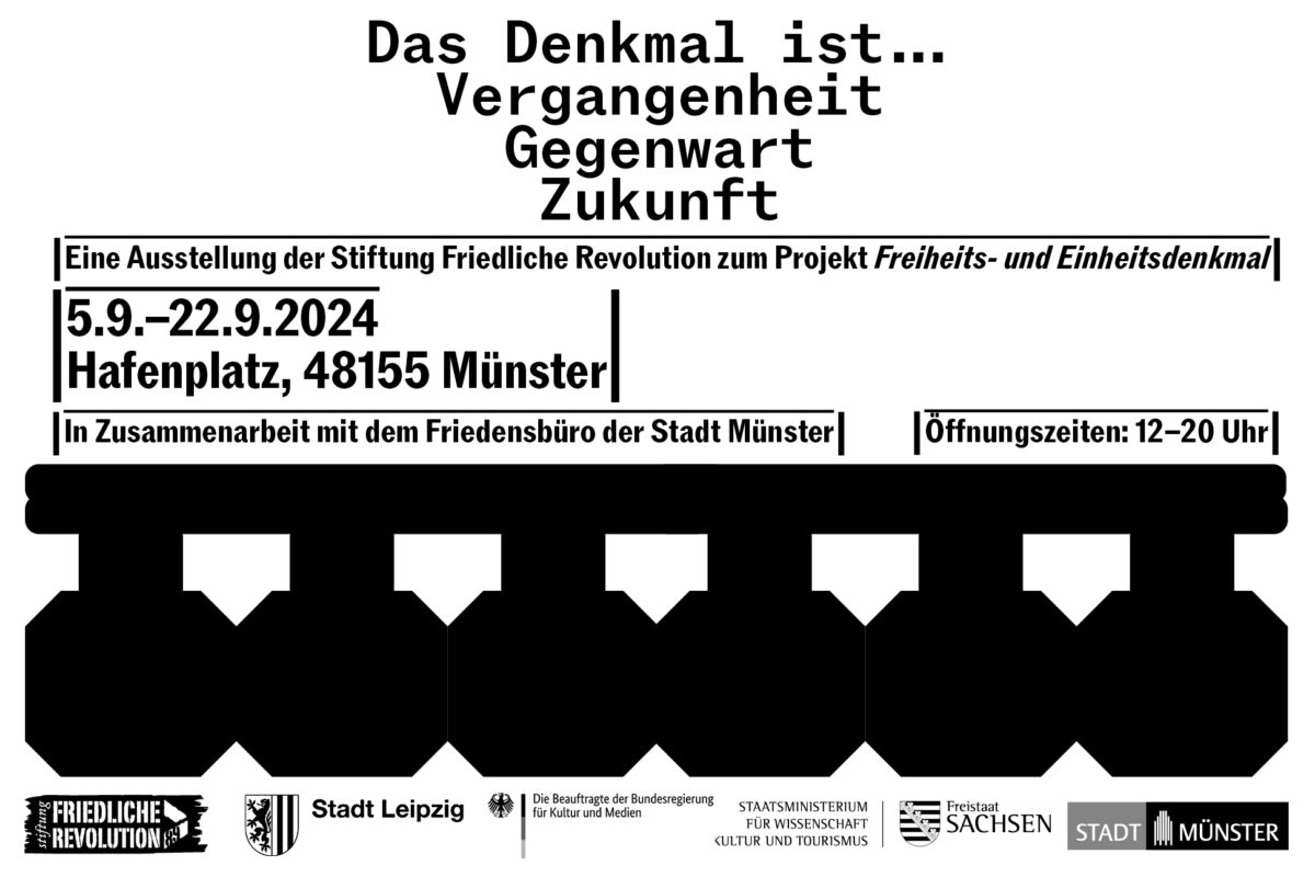 Grafik, auf der die Stiftung Friedliche Revolution für ihre Ausstellung zum Projekt Freiheits- und Einheitsdenkmal wirbt.
