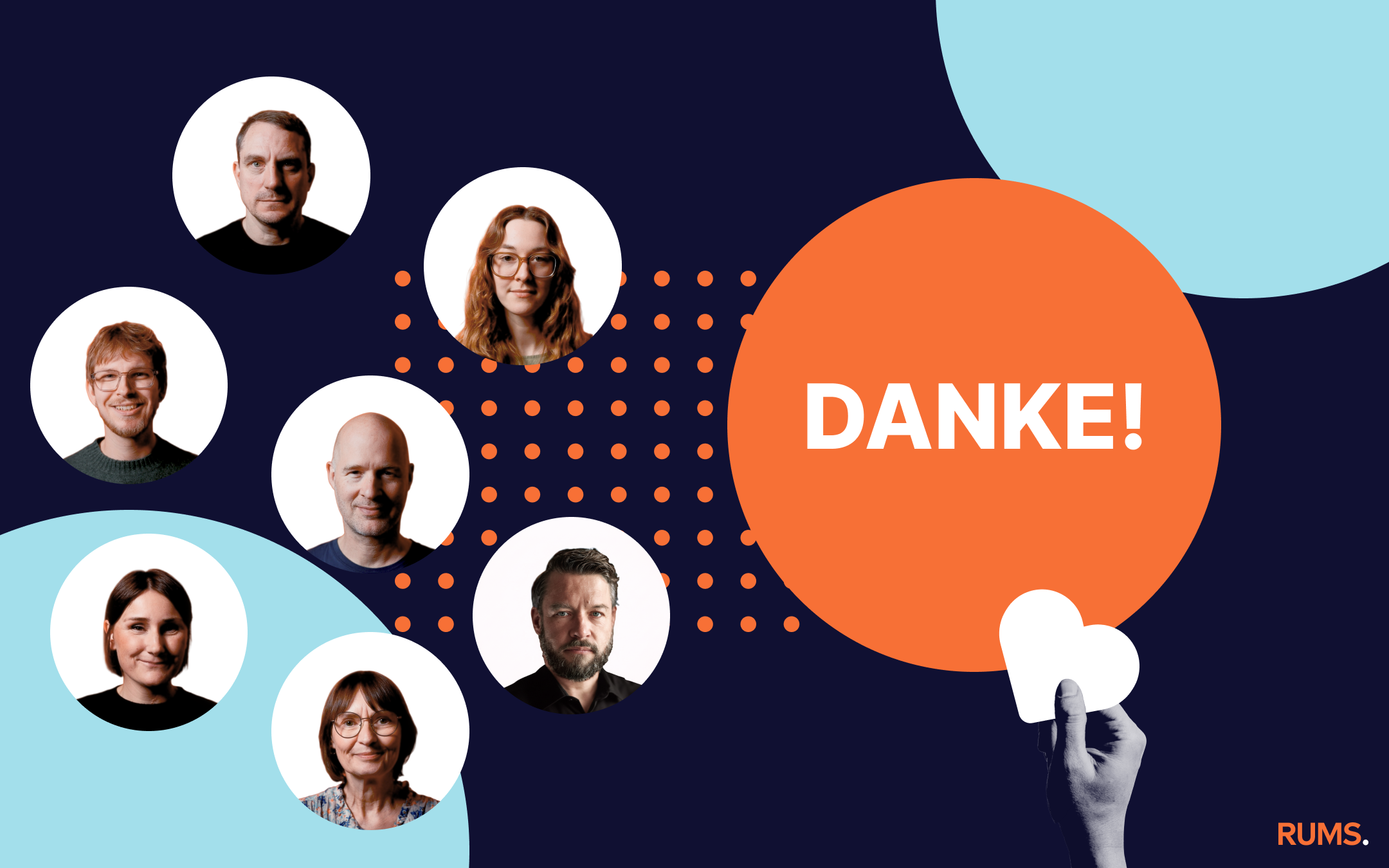 Grafik, auf der in großen Buchstaben "Danke" steht und die Porträts von Götz Grommek, Marc-Stefan Andres, Stefanie Walkenhorst, Julia Albers, Raphael Balke, Ralf Heimann und Anna Niere vom RUMS-Team zu sehen sind.