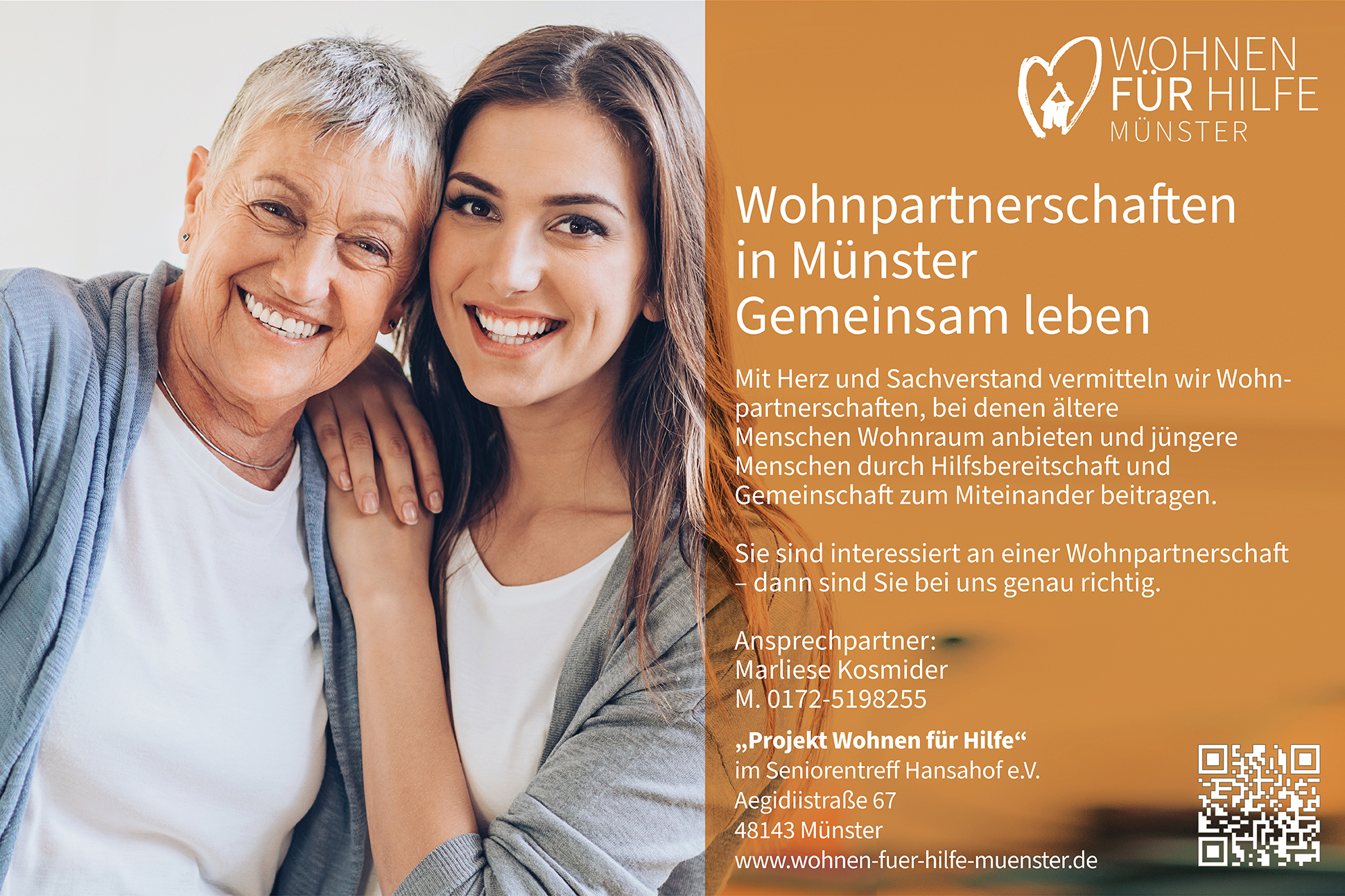 Grafik des Vereins "Wohnen für Hilfe Münster" für Wohnpartnerschaften von jüngeren und älteren Menschen in Münster.