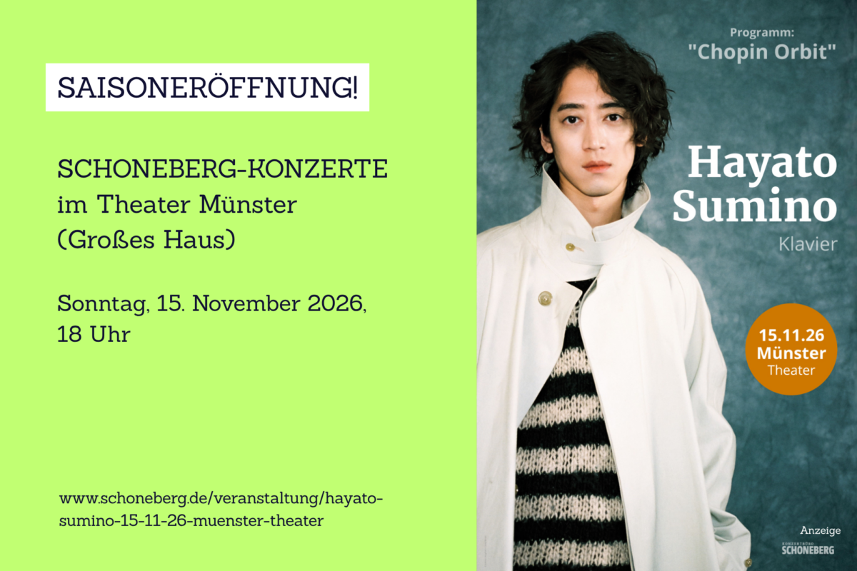 Grafik, auf der ein Werbeplakat für das Konzert von Hayato Sumino am 15. November um 18 Uhr im Theater Münster (Großes Haus) zu sehen ist.