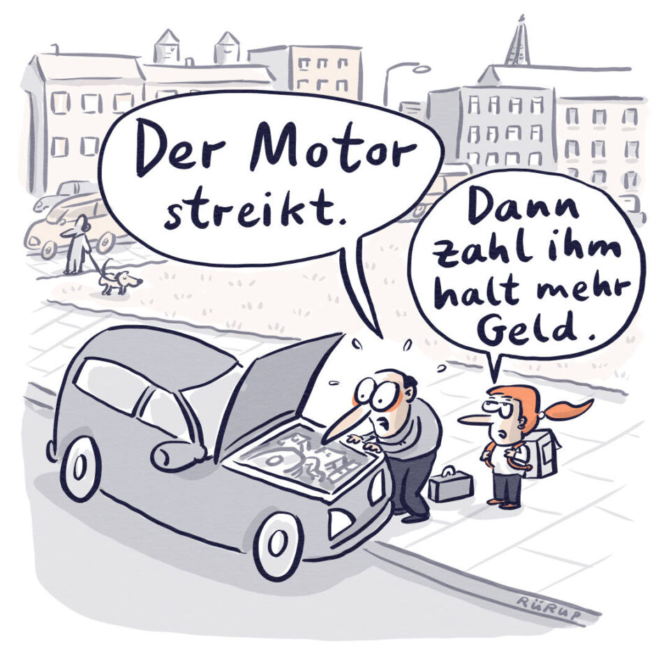Cartoon von Stephan Rürup zu Motor streikt