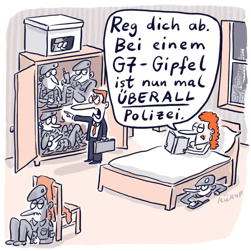 Cartoon von Stephan Rürup zu G7: Überall Polizei