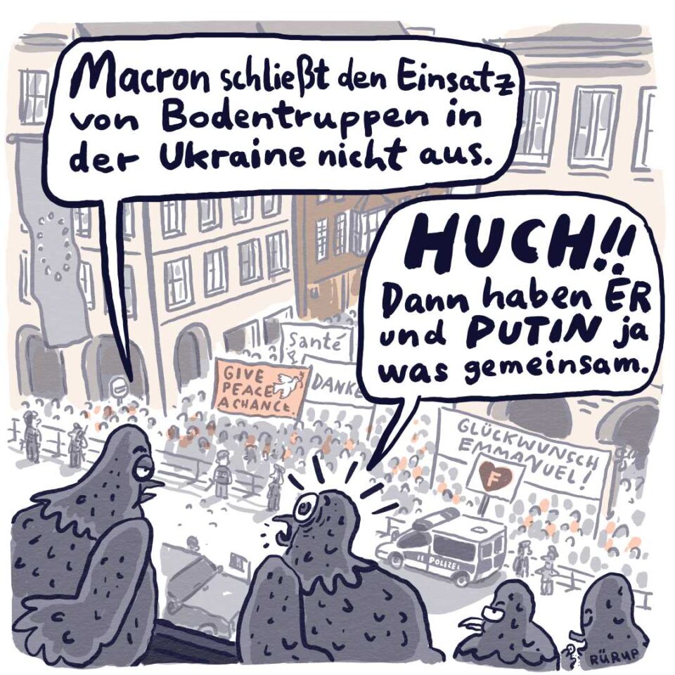 Cartoon von Stephan Rürup zum Friedenspreis für Macron