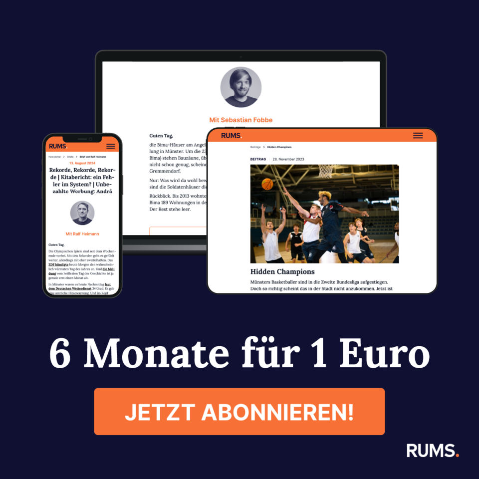 Grafik mit Produktshots des RUMS-Newsletter und dem Start-Angebot 6 Monate für 1 Euro