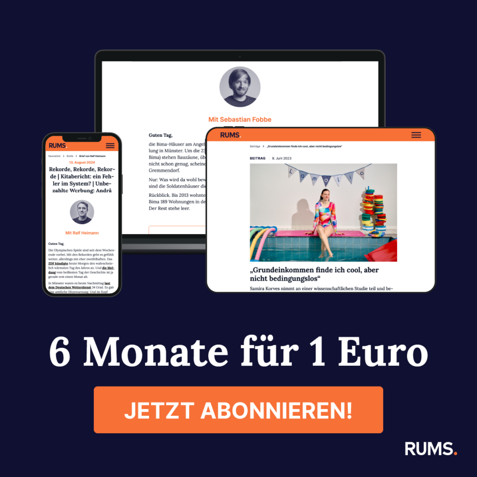 Grafik mit Produktshots des RUMS-Newsletter und dem Start-Angebot 6 Monate für 1 Euro