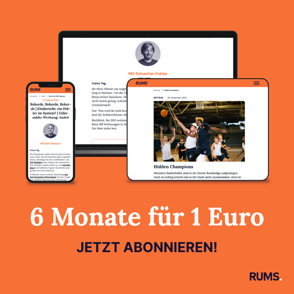 Grafik mit Produktshots des RUMS-Newsletter und dem Start-Angebot 6 Monate für 1 Euro