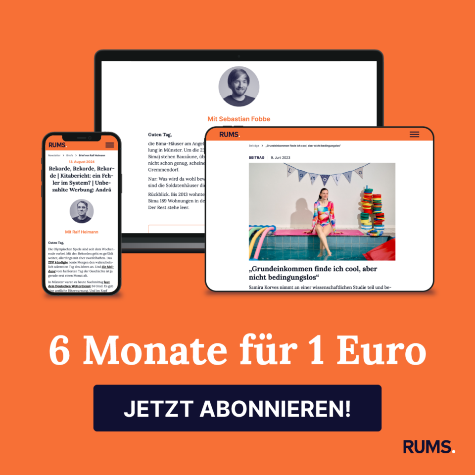 Grafik mit Produktshots des RUMS-Newsletter und dem Start-Angebot 6 Monate für 1 Euro