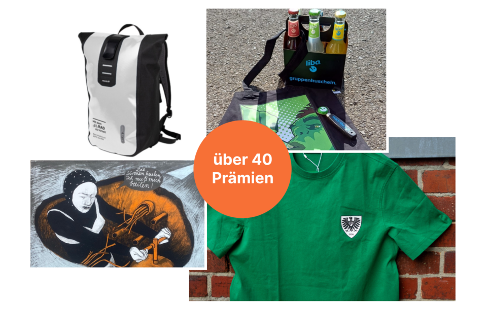 Fotocollage, auf der ein Preußen-T-Shirt, das Kunstwerk „Superträne“ von Anke Feuchtenberger, ein Rucksack und Produkte von liba zu sehen sind.