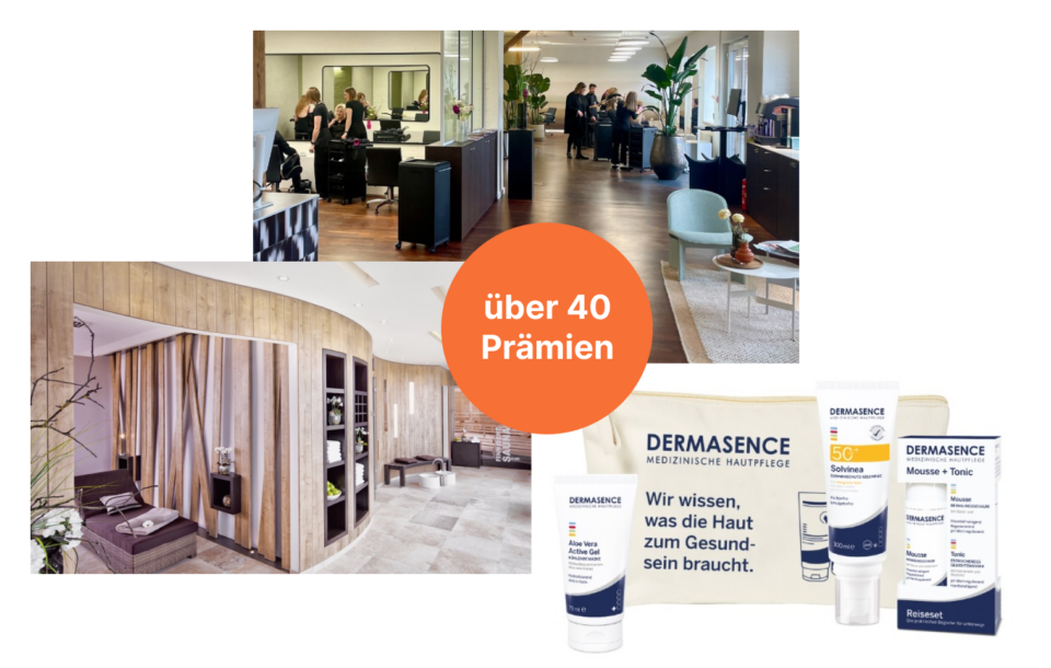 Fotocollage, auf der Produkte von Dermasence, der Spa-Bereich vom Möwenpick Hotel und der Salon Cabelo zu sehen sind.