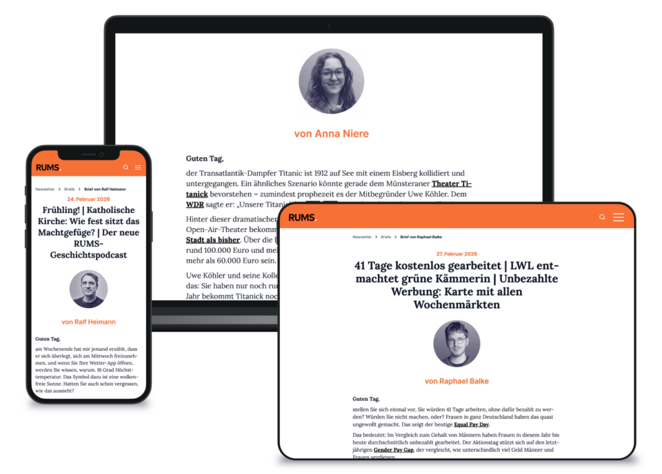 Grafik, auf der verschiedene RUMS-Briefe auf dem Smartphone, dem Laptop und dem Tablet dargestellt werden.