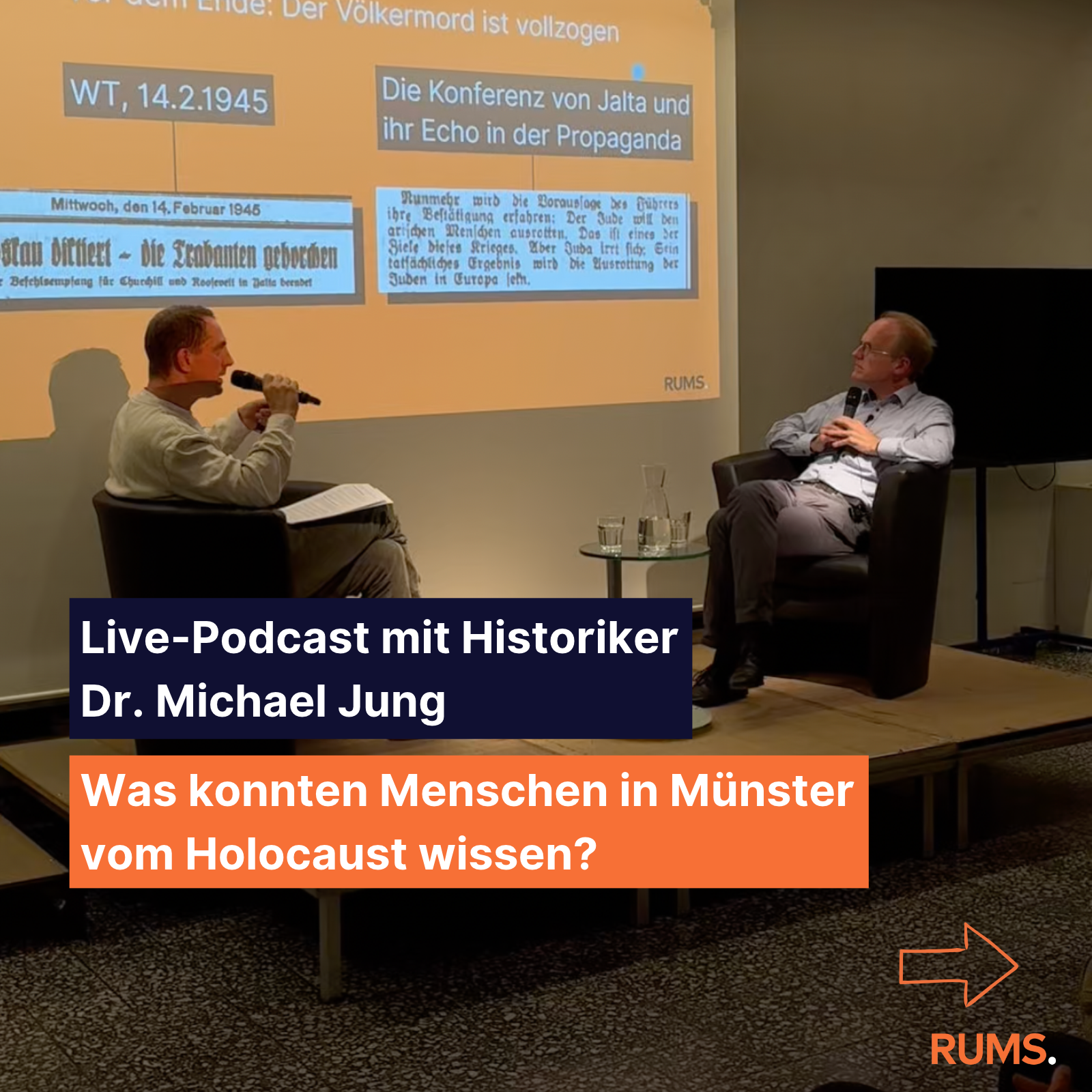 In der Live-Ausgabe unseres Podcasts „Bevor wir’s vergessen“ vom 5. Oktober spricht RUMS-Redaktionsleiter Ralf Heimann mit Dr. Michael Jung darüber, was damals über den Holocaust in den Medien berichtet wurde.
Foto: Franziska Perk 2026-10-15-podcast-michael-jung
